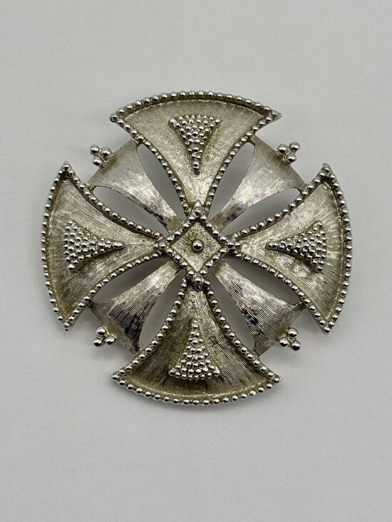 Monet Jewelry - Vintage Monet Maltese Cross Etruscan Revival Brooch Silver-Tone Beaded Detailing